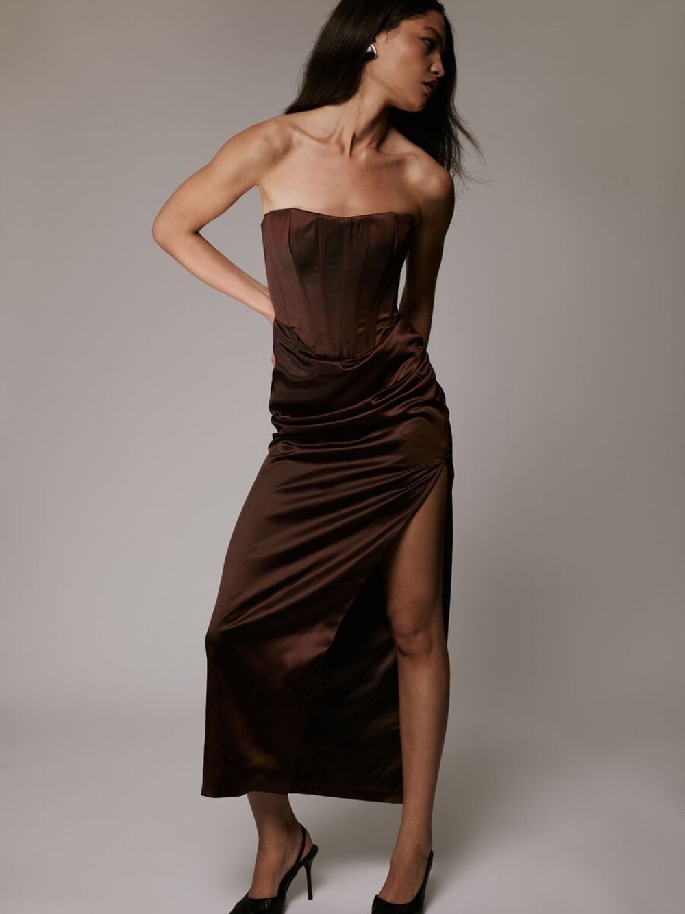 Bardot Strapless Satin Gown in Chocolate Brown